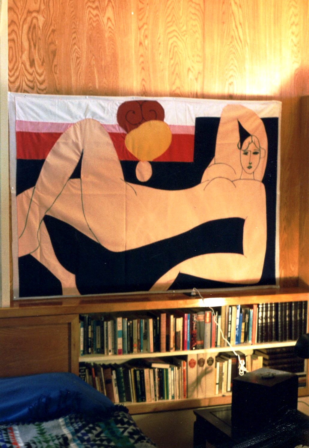 18m. Matisse’s Pink Nude in fabrics. 56” x 40”. Close to painting (applying colors to a fabric, canvas) is cutting and sewing colored fabrics to form images. This is something we did. Since this photograph was taken, I’ve sewn this piece on a bedroom-windows, loose-weave drape, illuminating Matisse’s figure from behind.