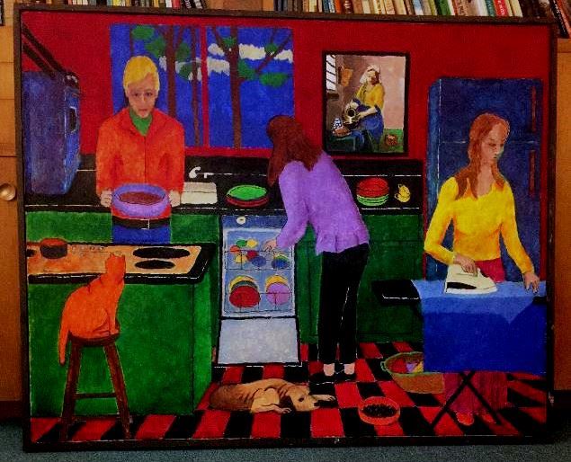 18e. Jan Vermeer 2. Two women, one man, a dog, and a cat. 5’ x 4’. This painting goes with the one in the previous photograph. Like that painting, this one contains a picture within a picture, Jan Vermeer’s The Milkmaid. In their paintings of domestic interiors, Vermeer like other Dutch painters 300 years ago depicted ordinary people in ordinary settings. If they were alive today, their paintings would show appliances in place of servants.